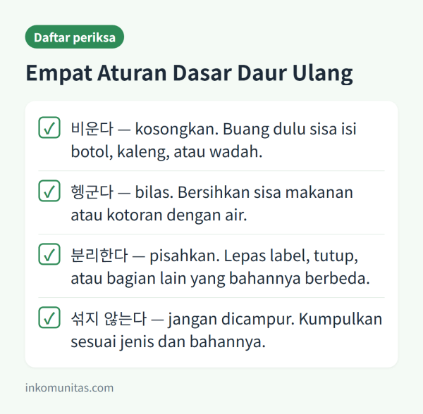 Empat langkah dasar daur ulang: kosongkan, bilas, pisahkan, jangan dicampur