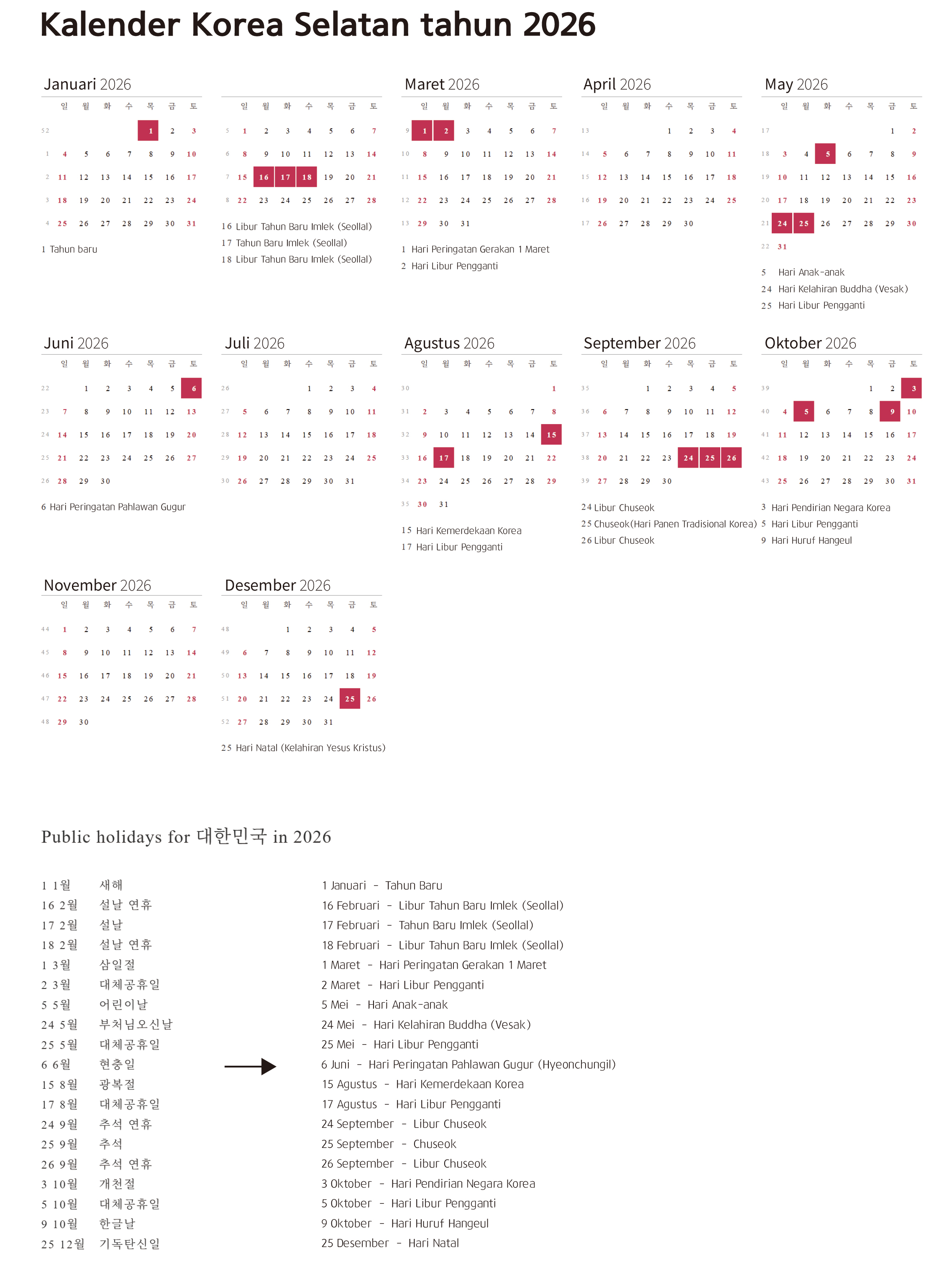 Kalender Korea Selatan tahun 2026 dalam bahasa Indonesia